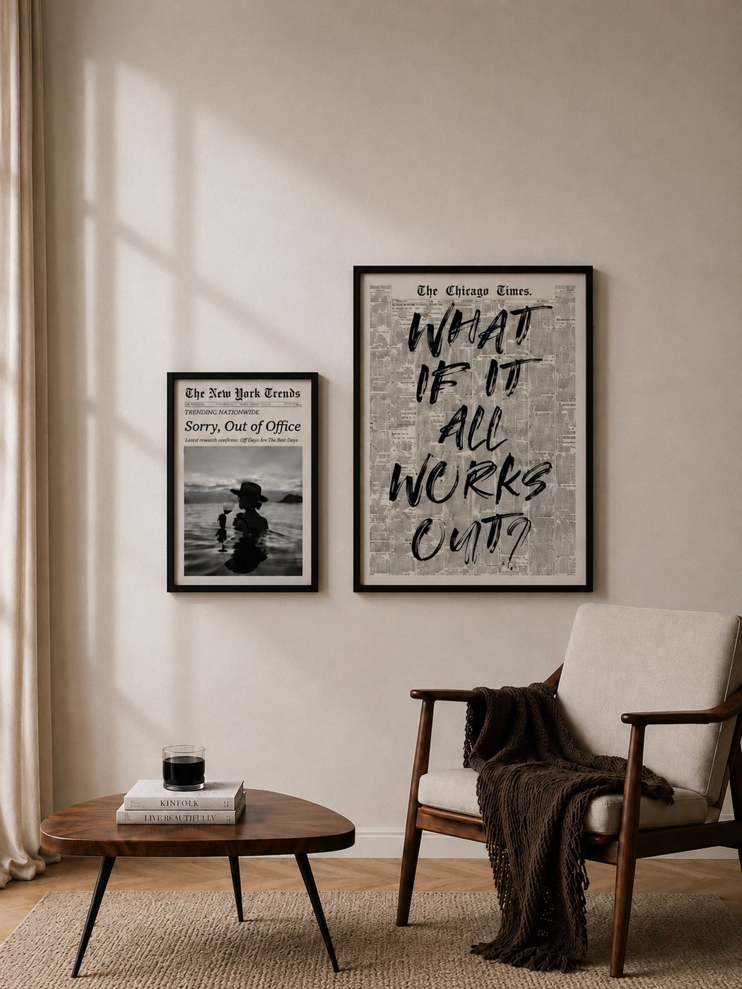 Two newspaper-style framed prints in a living room