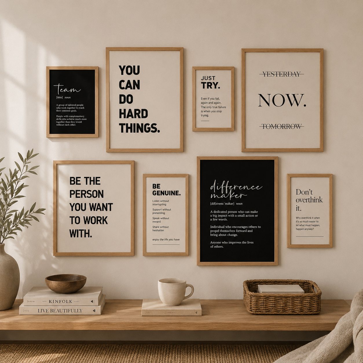 Eight framed statement prints arranged as a gallery wall